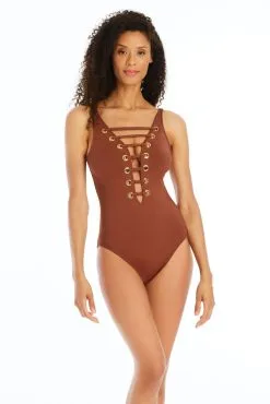 Hole In One One Piece High Neck Lace Down Swimsuit -Tankini Tops Sales bleu rod hole in one 1 pc hole in one one piece high neck lace down swimsuit 35796229030063 scaled