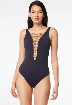Bleu Rod - Kore Kore One Piece High Neck Lace Down Swimsuit