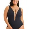 Bleu Rod - Kore Kore One Piece High Neck Lace Down Swimsuit, Plus