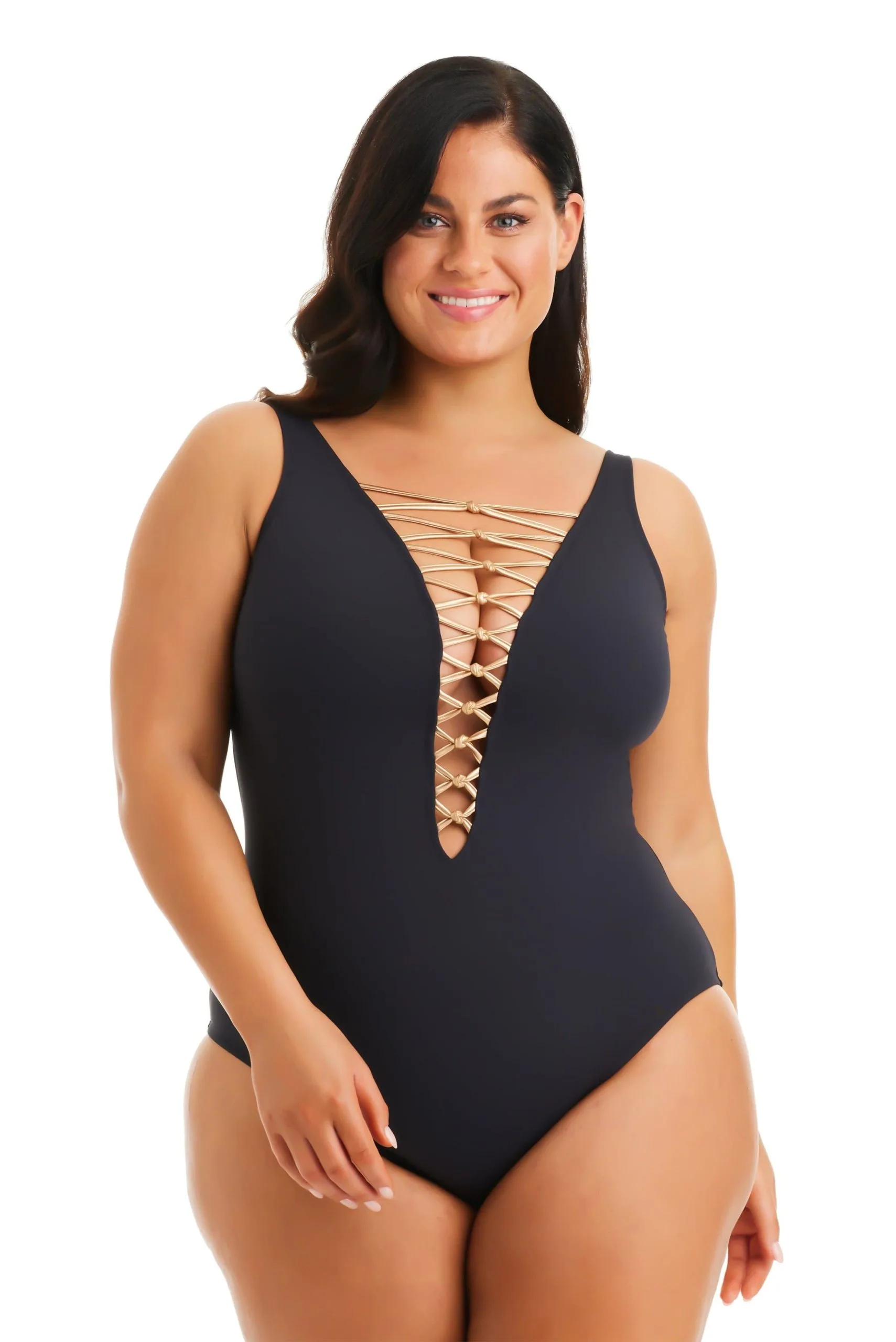 Bleu Rod - Kore Kore One Piece High Neck Lace Down Swimsuit, Plus 1 Bleu Rod - Kore Kore One Piece High Neck Lace Down Swimsuit, Plus