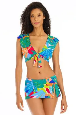 Life Of The Party Cap Sleeve Tie Front Bikini Top