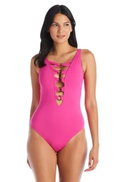 Bleu Rod - MU23 Ring Me Up One Piece Lace Down Ring Front Swimsuit In Punch