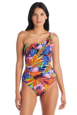 Night Safari Shirred One Shoulder One Piece Swimsuit