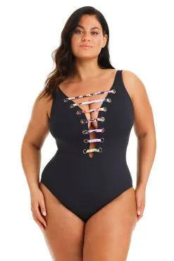 Party Animal Plunge Lace Down One Piece Swimsuit Plus