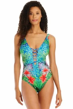 Tropical Flight High Neck Lace Down One Piece Swimsuit