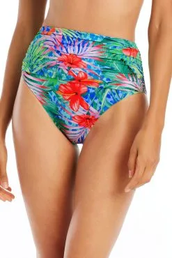 Tropical Flight Draped High Waisted Bikini Bottom