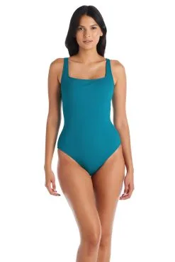 Walk The Line Scoop Neck Ribbed One Piece Swimsuit In Deep Water