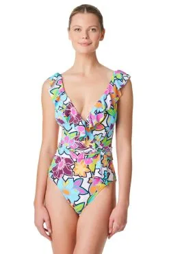 Blue Rod- FSale Color Crush Surplice Ruffle Straps One Piece Swimsuit